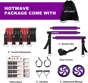 Pilates Bar Kit With Resistance Bands. Fitness Bar With Ab Roller For Abs Workout. Squat Machine.Core Strength Training Equipment.Portable Home Gym Fo (Color: Purple)
