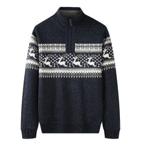 Thickening Fleece-lined Half-high Collar Knitted Sweater (Option: Navy Blue-4XL)