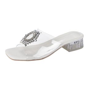 Women's Sandals New Korean Style Mid Heel Crystal Open Toe High Heel (Option: White-43)