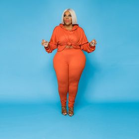 Autumn And Winter Plus Size Women's Clothes Sweater Solid Color Hoodie Two-piece Set Suit (Option: Orange-5XL)
