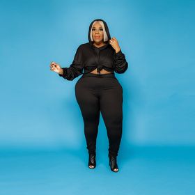 Autumn And Winter Plus Size Women's Clothes Sweater Solid Color Hoodie Two-piece Set Suit (Option: Black-5XL)